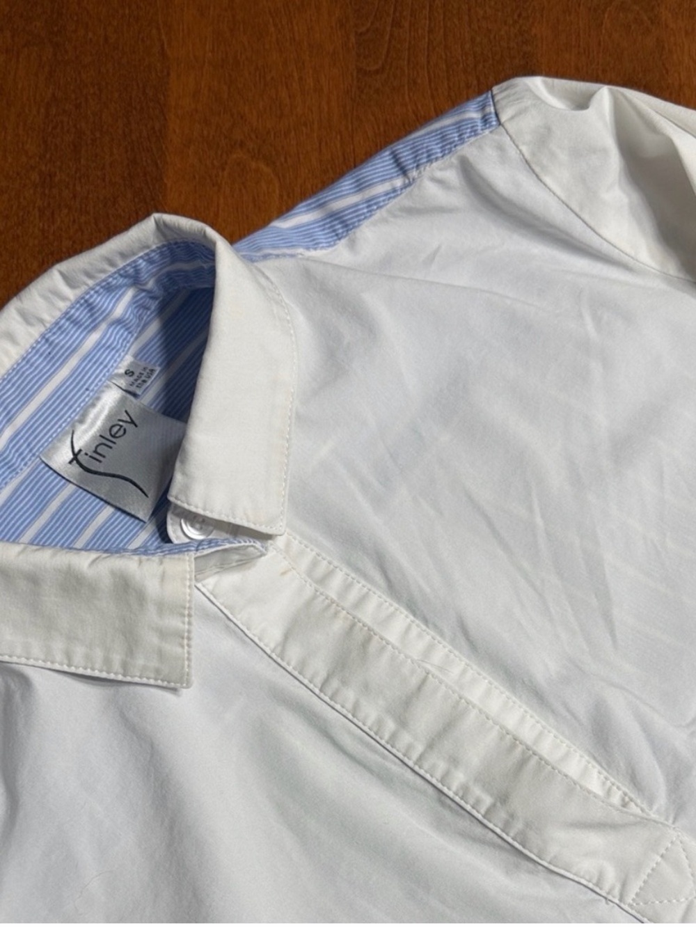 Finley Womens S Shirt in Crisp White with Blue Stripes in Back